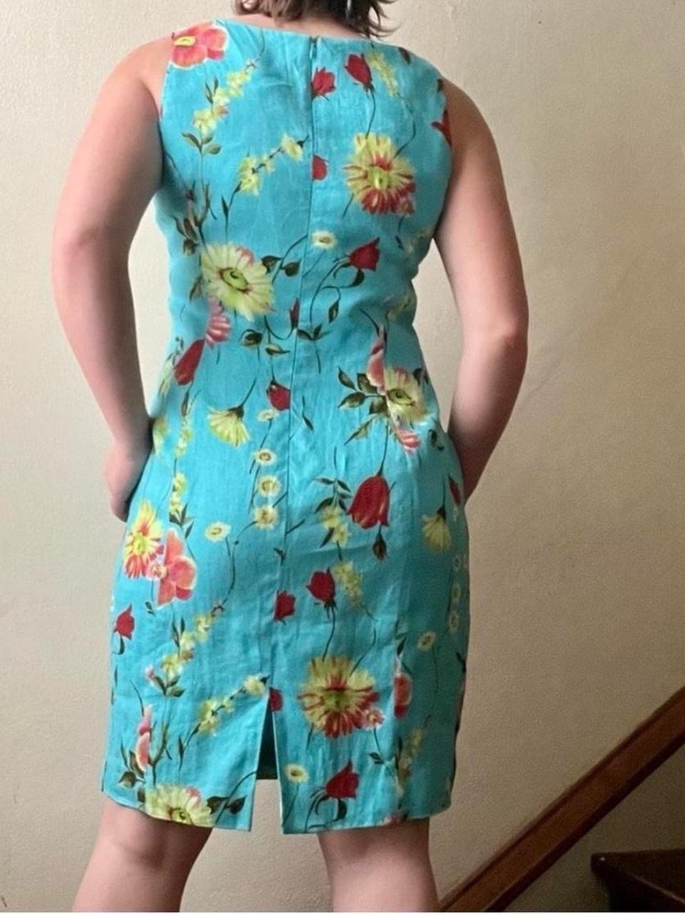 90’s vintage Jones New York bright blue floral print linen shift dress - Picture 5 of 8